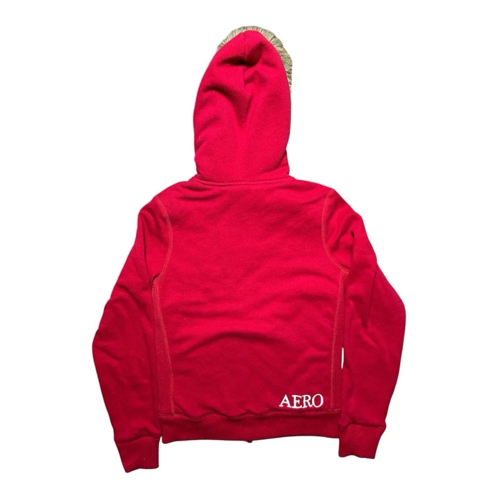 Aeropostale Womens Red Faux Fur Hood Zip Up Hoodie A87 Plaid Lined Medium - Picture 2 of 8